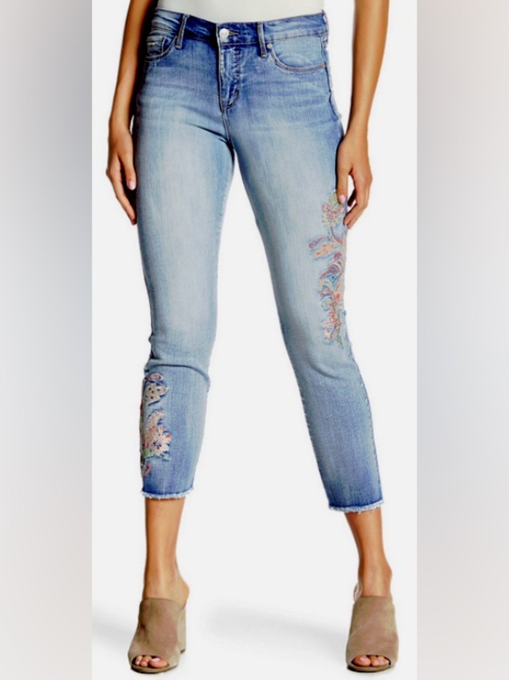 Nine West Gramercy Embroidered Frayed Hem Crop Jeans Supreme